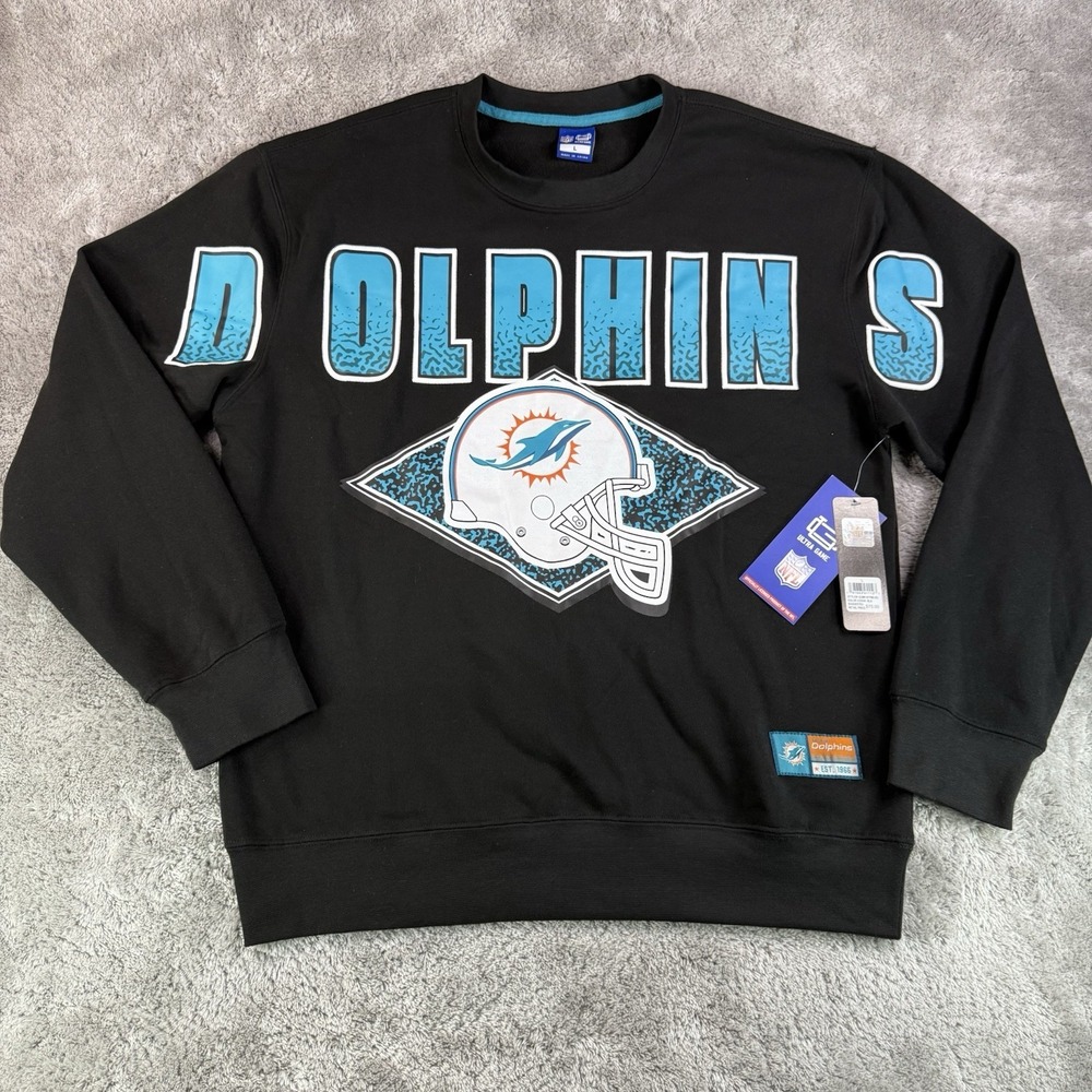 Miami Dolphins Crewneck Sweatshirt Mens Large Black NFL Football NWT Ultra Game